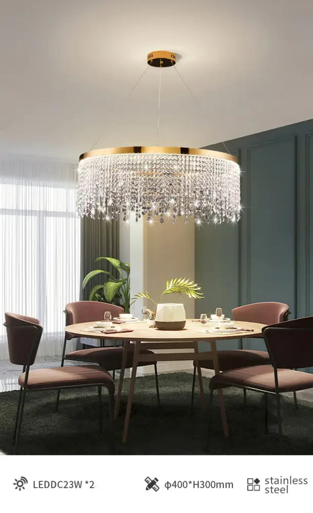 DecorBites luxury crystal chandelier pendant light with gold-toned frame and cascading clear crystal droplets
