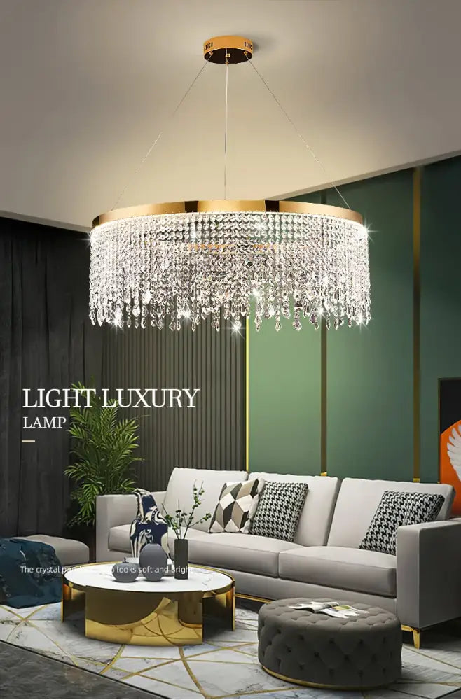 DecorBites™ luxury crystal chandelier pendant light fixture with gold-toned frame and cascading crystal droplets