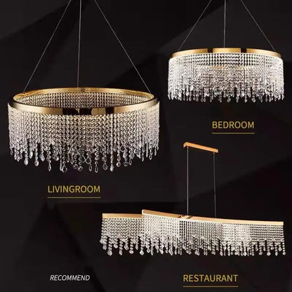 Gold-framed decorbites luxury crystal chandelier pendant light with cascading clear droplets in circular and rectangular designs