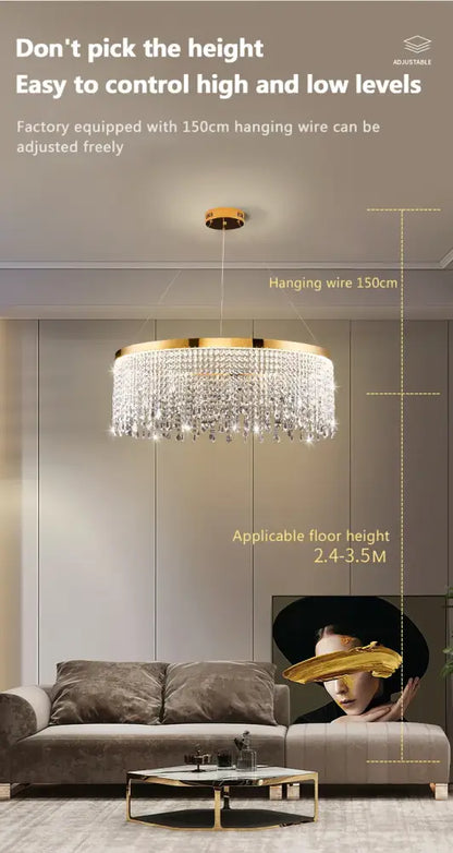 DecorBites luxury crystal chandelier pendant light features gold-toned cascading droplets and 150cm adjustable wire