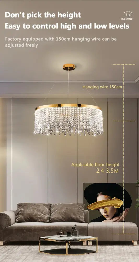 DecorBites luxury crystal chandelier pendant light features gold-toned cascading droplets and 150cm adjustable wire