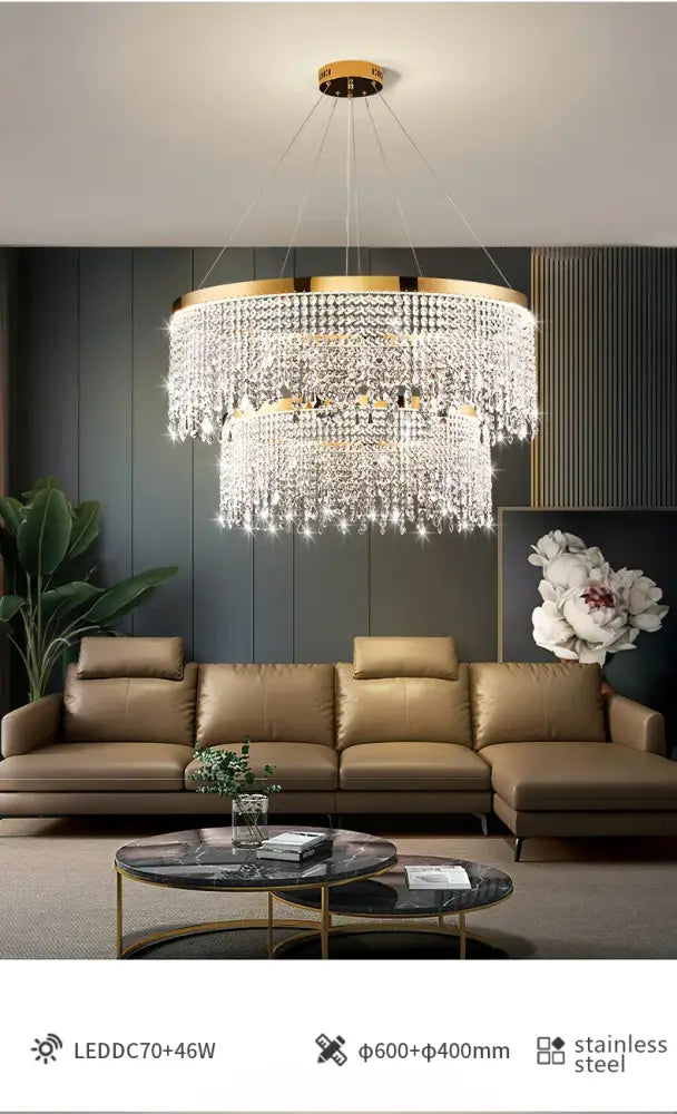 DecorBites luxury crystal chandelier pendant light with gold-toned stainless steel frame and cascading crystals