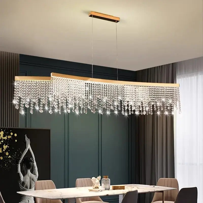 Decorbites™ luxury crystal chandelier pendant light fixture with gold-toned frame and cascading clear crystals modern luster pendant