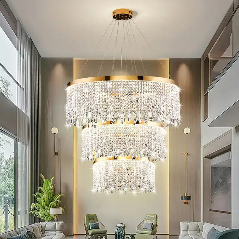 DecorBites luxury crystal chandelier pendant light with cascading crystal strands and polished gold-toned frame