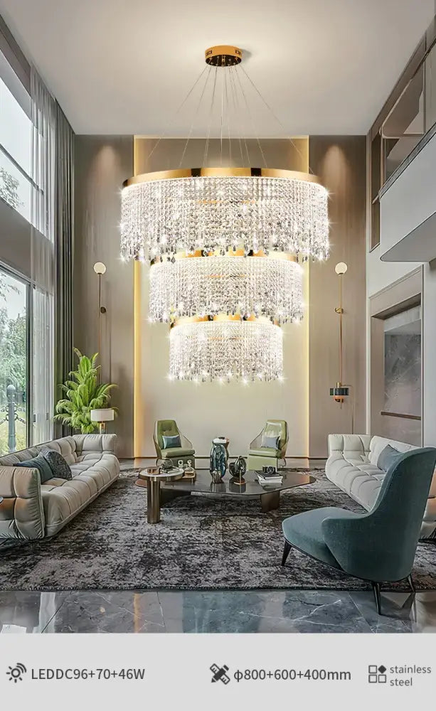 DecorBites luxury crystal chandelier pendant light fixture with multi-tiered circular design and gold-toned accents