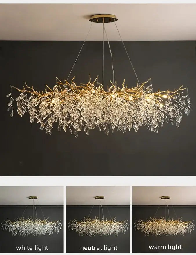 Decorbites™ luxury crystal chandelier gold-toned branch design with crystal leaves and warm led lights for living room