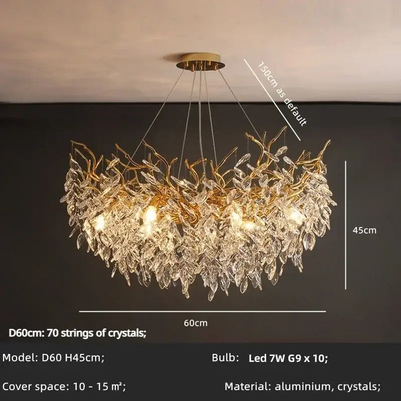Gold-toned decorbites luxury crystal chandelier with cascading crystal leaves crafted from aluminum for living room use