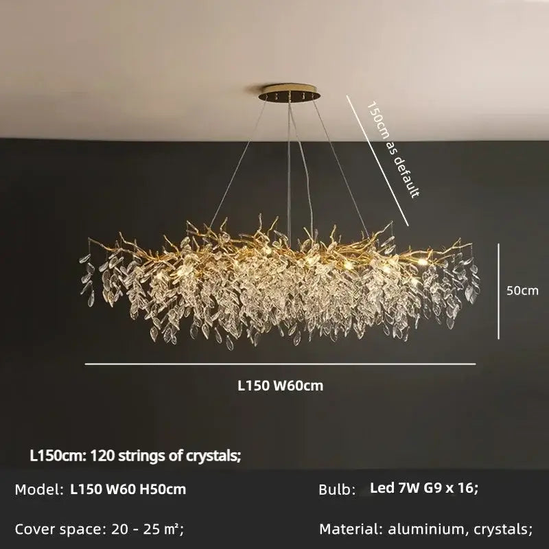 Gold-toned decorbites luxury crystal chandelier with intricate crystal leaves and LED lights for living room decor