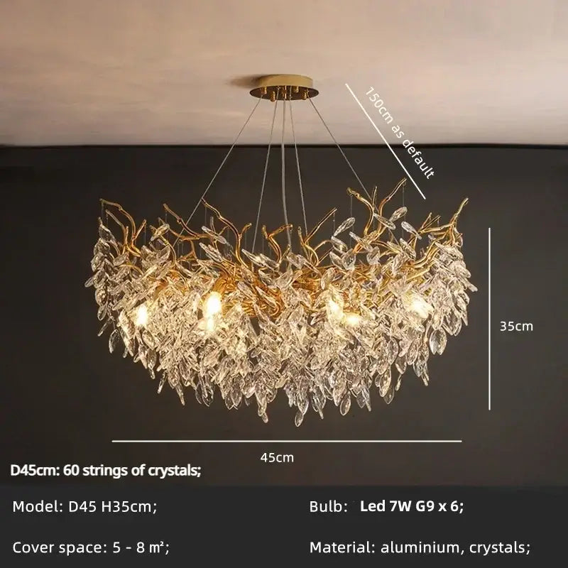 Gold-toned luxury crystal chandelier with cascading aluminum and crystal leaves for living room decorbites luxury crystal chandelier
