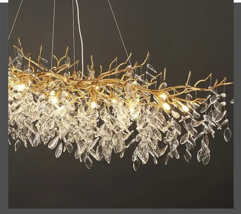 DecorBites™ luxury crystal chandelier with golden branch design and cascading clear crystal leaves for living room use