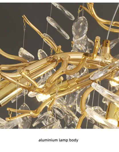 DecorBites luxury crystal chandelier with golden brass aluminum arms and clear crystal droplets for living room lighting