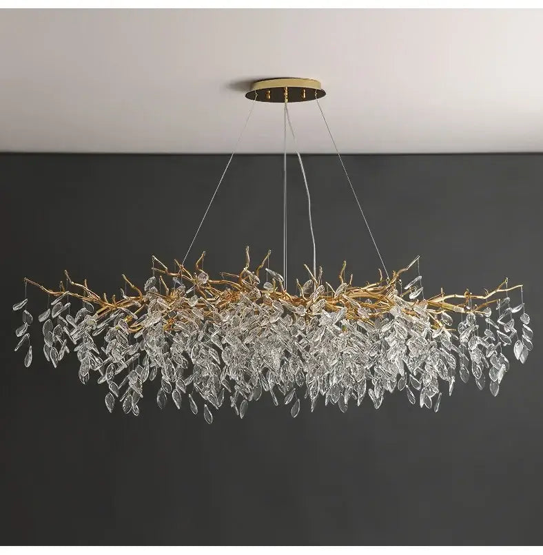 DecorBites™ luxury crystal chandelier with golden branch frame and clear leaf-shaped crystals for living room lighting
