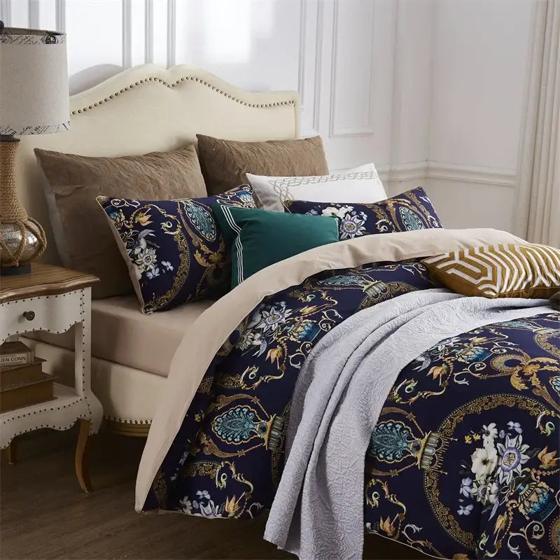 DecorBites™ luxury egyptian cotton duvet cover with intricate gold and teal floral baroque patterns and coordinating pillowcases