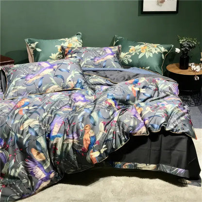 Luxurious dark gray satin duvet cover and pillowcases with vibrant hummingbird prints in egyptian cotton decorbites set