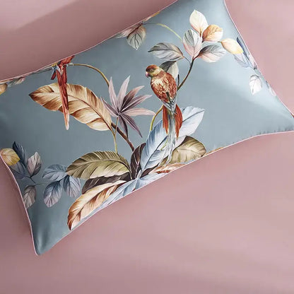Decorbites luxury egyptian cotton pillowcase with blue satin finish and tropical parrot botanical print for duvet cover sets
