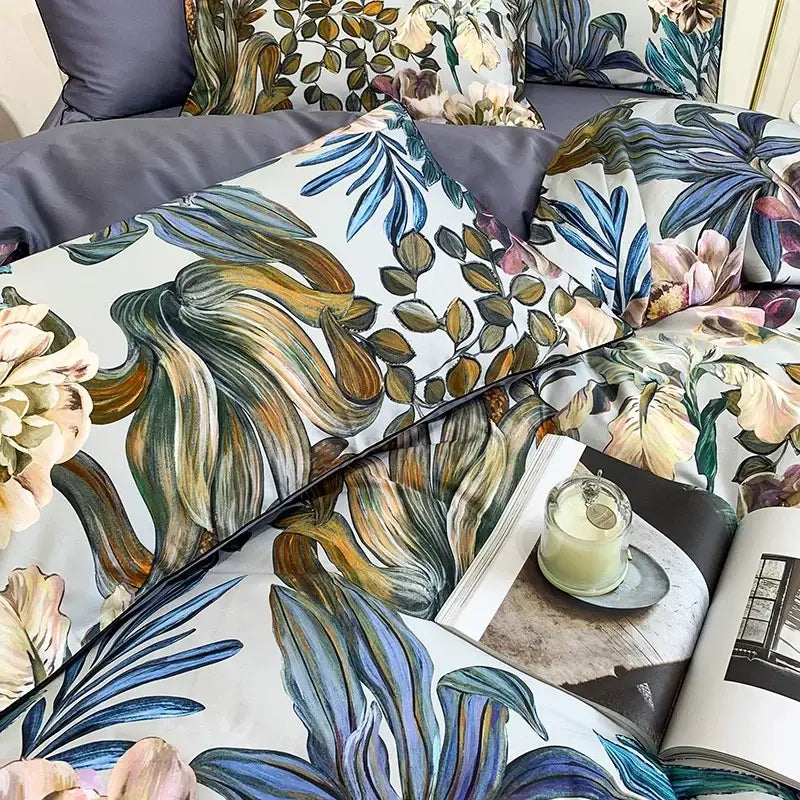 Decorbites™ luxury egyptian cotton duvet cover with botanical pattern in soft blue green and beige tones with pillowcases