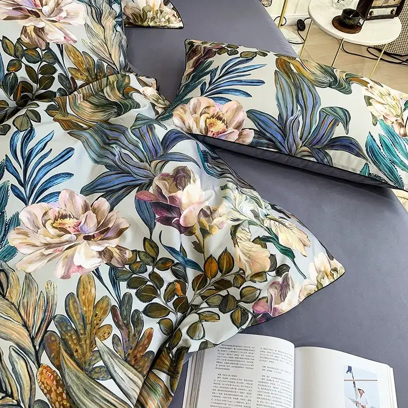 Decorbites luxury egyptian cotton duvet cover set with botanical print pillowcases in soft pastels and lush greenery