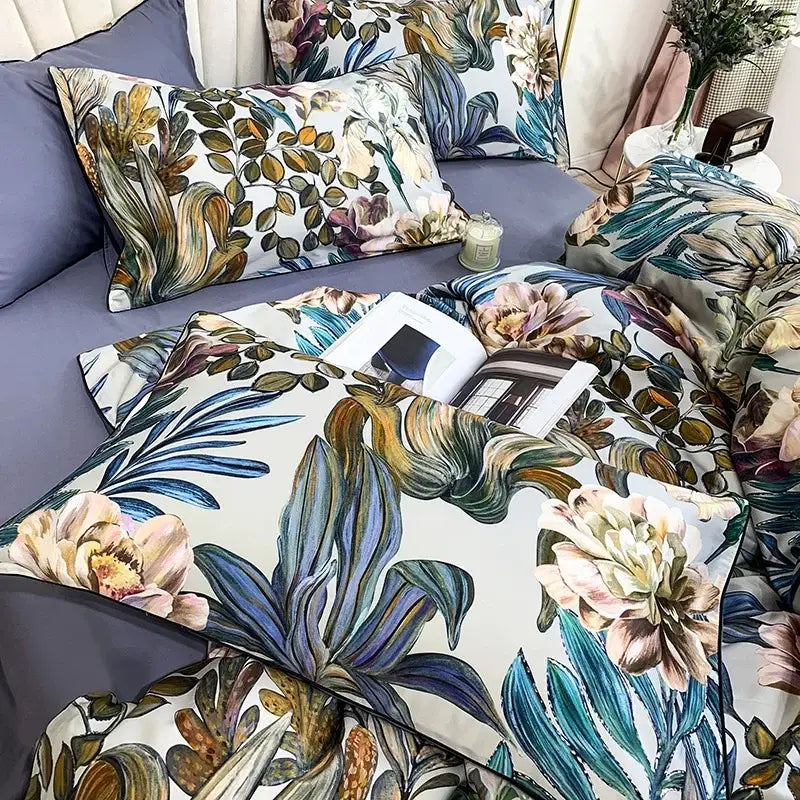 Decorbites luxury egyptian cotton duvet cover and pillowcases set with botanical flamingo leaf pattern in soft blues and golds