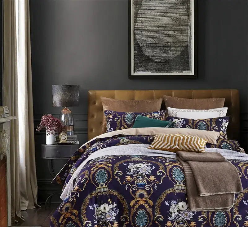 Decorbites luxury egyptian cotton bedding set featuring navy blue duvet cover with gold teal floral motifs and pillowcases