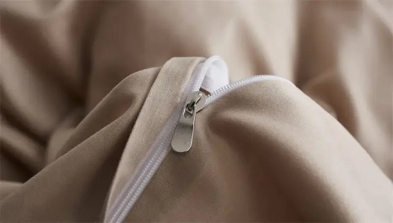 Beige duvet cover with white zipper and silver metal pull from decorbites luxury egyptian cotton bedding set flamingo leaf