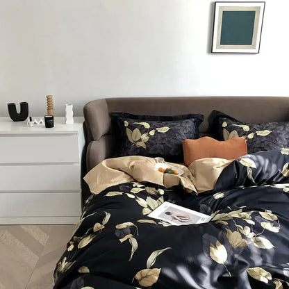Black satin duvet cover with gold leaf pattern from decorbites luxury egyptian cotton bedding set including pillowcases