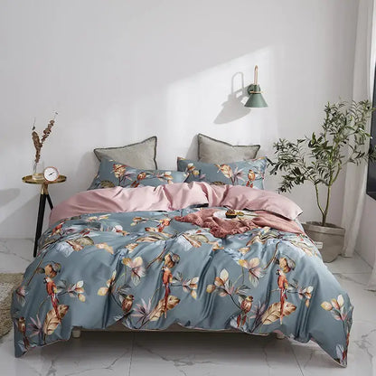 Decorbites luxury egyptian cotton duvet cover and matching pieces pillowcases with blue floral and pink satin lining