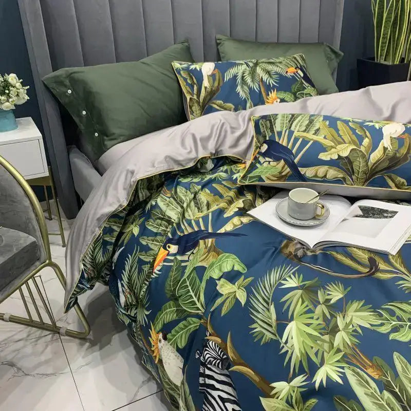 Decorbites™ luxury egyptian cotton duvet cover with vibrant toucan leaves on blue satin finish includes pillowcases