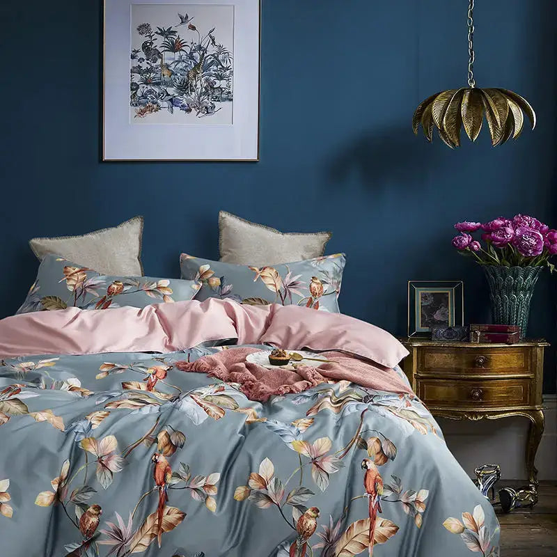 DecorBites™ luxury egyptian cotton duvet cover set in blue satin with tropical bird pattern and pink pillowcases