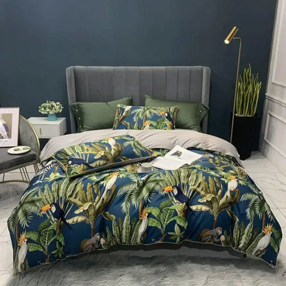 Decorbites luxury egyptian cotton duvet cover set with blue tropical bird and foliage design includes pillowcases