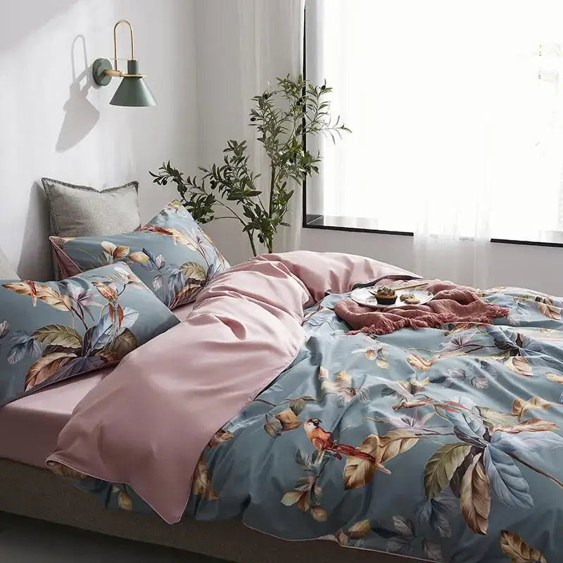 DecorBites™ luxury egyptian cotton duvet cover set with blue floral design pink satin inner lining and matching pillowcases