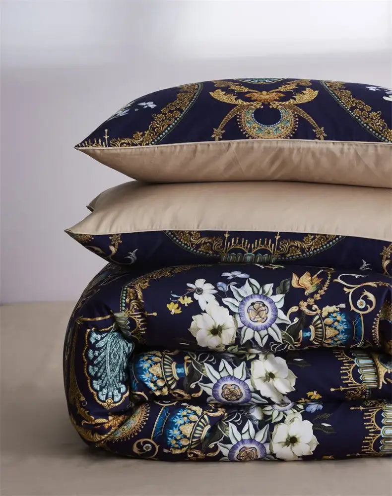 DecorBites™ luxury egyptian cotton duvet cover and pillowcases in dark blue with gold and white floral satin finish