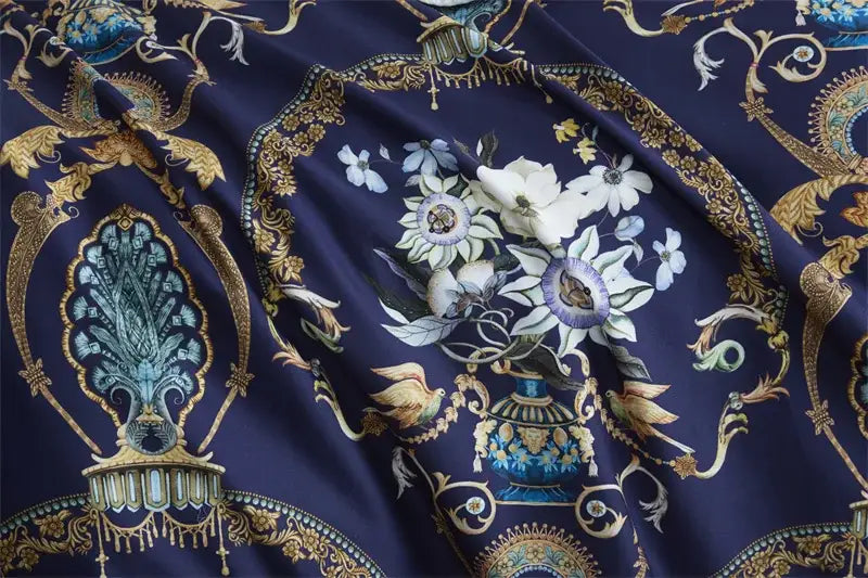 Deep navy egyptian cotton duvet cover with gold and teal baroque floral motifs from DecorBites™ luxury bedding set