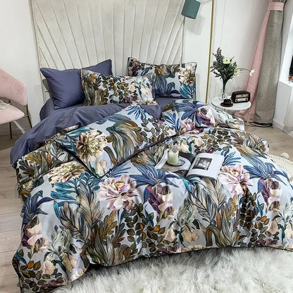 The decorbites™ luxury egyptian cotton duvet cover features a botanical print with pastel pinks deep blues and greens