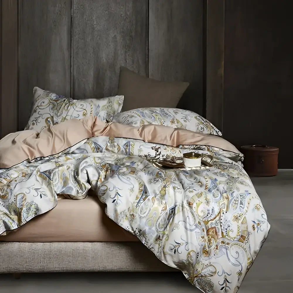 DecorBites™ luxury egyptian cotton duvet cover with intricate gold gray and cream paisley pattern and matching pieces pillowcases