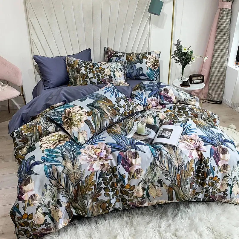 Decorbites luxury egyptian cotton duvet cover with flamingo leaf print in pastel pinks blues and greens on light gray