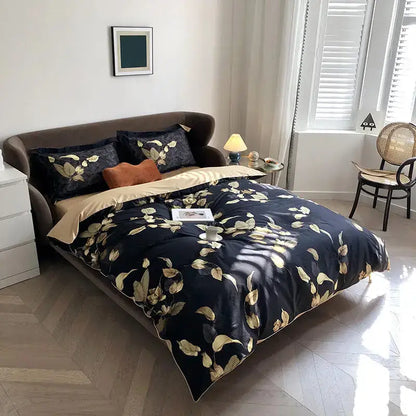 Elegant navy blue egyptian cotton duvet cover with gold leaf pattern and matching pillowcases by DecorBites Luxury Bedding Set