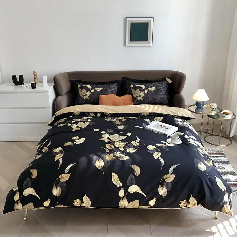 Decorbites™ luxury egyptian cotton duvet cover set in black satin with gold flamingo leaf pattern and matching pillowcases