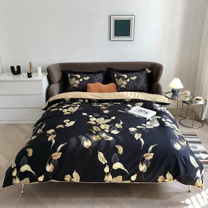 DecorBites™ luxury egyptian cotton duvet cover set in black satin with gold leaf pattern and matching pillowcases