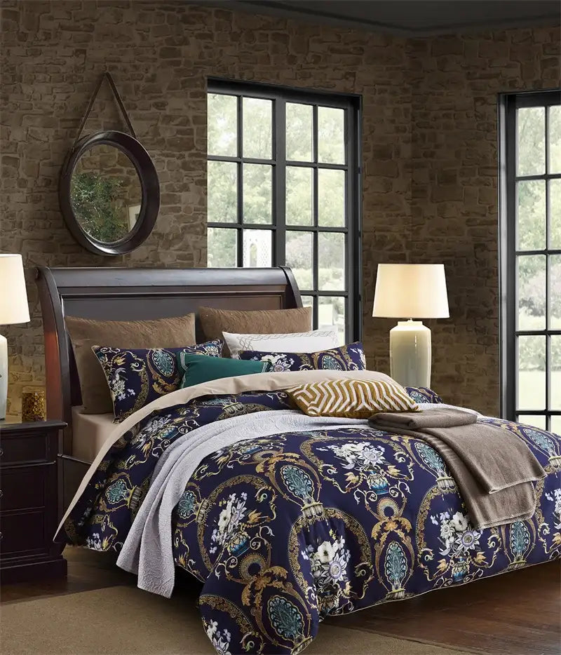 Decorbites luxury egyptian cotton duvet cover set in navy blue with gold and teal floral paisley pillowcases