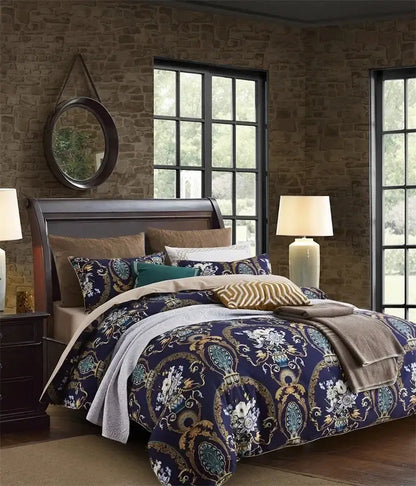 Navy blue quilted duvet cover set with gold and teal floral paisley patterns in egyptian cotton by DecorBites Luxury