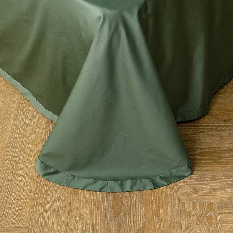 Olive green satin tablecloth with subtle sheen and hem paired with decorbites luxury egyptian cotton duvet cover and pillowcases