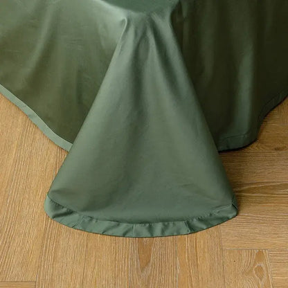 Olive green satin tablecloth with subtle sheen and hem paired with decorbites luxury egyptian cotton duvet cover and pillowcases