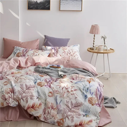 Decorbites™ luxury egyptian cotton duvet cover set with pastel marine botanical print in soft pinks blues and purples