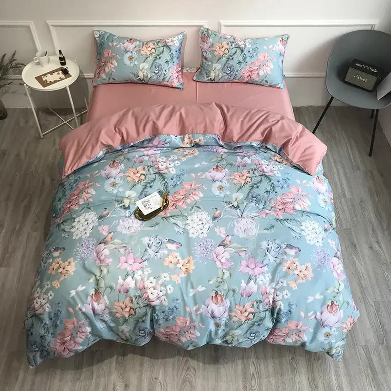Decorbites luxury egyptian cotton duvet cover set in pastel blue with pink accents and pieces pillowcases 48*74cm