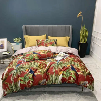 DecorBites luxury egyptian cotton duvet cover set with vibrant red tropical toucans parrots and foliage pillowcases