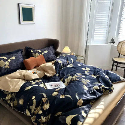 DecorBites luxury egyptian cotton navy blue satin duvet cover with gold leaf pattern and matching pillowcases set