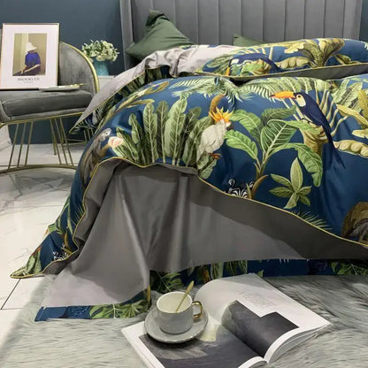 Decorbites luxury egyptian cotton duvet cover with flamingo leaf pattern and vibrant toucans on blue satin finish