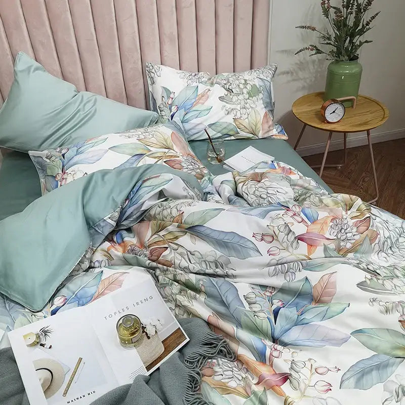 DecorBites™ luxury egyptian cotton duvet cover set in soft mint green with watercolor flamingo leaf pattern pillowcases