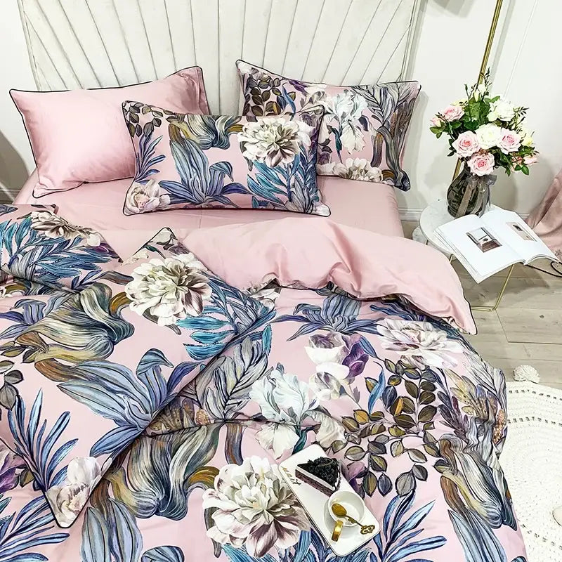 Decorbites™ luxury egyptian cotton duvet cover set with pink floral and blue white botanical prints on satin fabric
