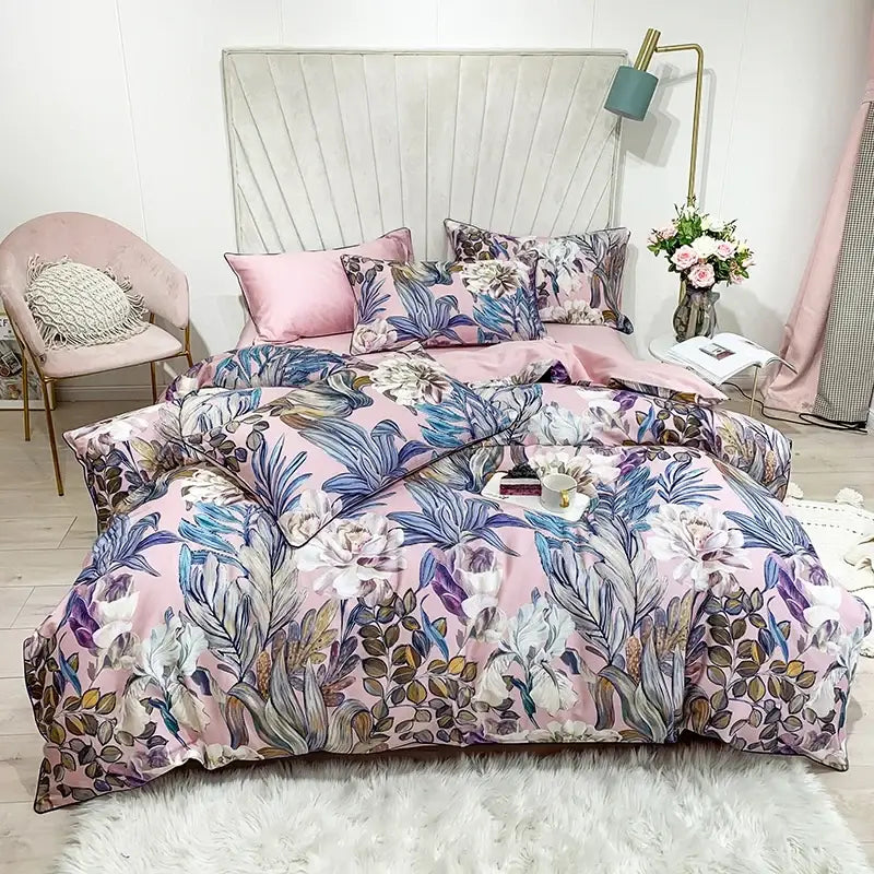 DecorBites luxury egyptian cotton duvet cover set with pink floral print in blue white and purple includes pillowcases